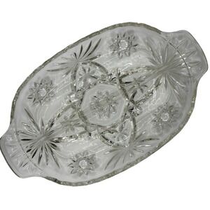 Vintage Clear Glass Divided Candy Dish Serving Tray Starburst‎ Pattern Handles